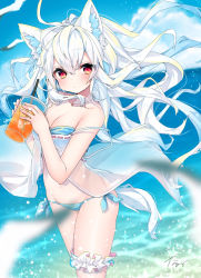 Rule 34 | 1girl, animal, animal ear fluff, animal ears, bare shoulders, bikini, bikini under clothes, bird, blue bikini, blue sky, blurry, blurry background, blurry foreground, blush, breasts, bridal garter, cleavage, closed mouth, cloud, cloudy sky, commentary request, cup, day, depth of field, disposable cup, dress, drink, drinking straw, fingernails, groin, hair between eyes, highres, holding, holding cup, horizon, long hair, looking at viewer, medium breasts, nachiru, navel, ocean, original, outdoors, red eyes, ribbon-trimmed dress, seagull, see-through, signature, sky, sleeveless, sleeveless dress, solo, standing, strap slip, summer, swimsuit, tail, very long hair, water, white hair