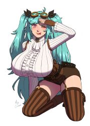 Rule 34 | 1girl, absurdres, akeno(itsnafulol), belt, belt buckle, blue hair, blush, boots, breasts, buckle, buttons, fingerless gloves, gloves, goggles, goggles on head, hair between eyes, hair ribbon, high heel boots, high heels, highres, huge breasts, lace, lipstick, long hair, makeup, mehcember, one eye closed, pink eyes, pouch, ribbon, salute, shirt, steampunk, thick thighs, thighhighs, thighs, tight clothes, tight shirt, tongue, tongue out, twintails, wide hips, wink