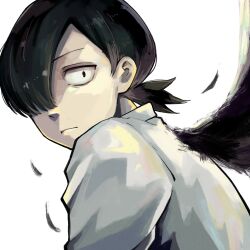Rule 34 | 1boy, black hair, choujin x, closed mouth, collared shirt, cowlick, cropped torso, feather collar, feathered wings, feathers, grey eyes, hair over one eye, highres, kurohara tokio (choujin x), looking at viewer, looking back, male focus, mullet, one eye covered, serious, shirt, short hair, simple background, solo, upper body, white background, white shirt, wings, yuma kahara
