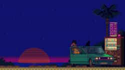 Rule 34 | 1girl, ass, black cat, black hair, breasts, can, car, cat, crop top, denim, denim shorts, drink can, english text, from behind, highres, holding, holding can, horizon, large breasts, midriff, motor vehicle, mykar, original, outdoors, pine tree, pixel art, scanlines, short hair, shorts, soda can, solo, star (sky), sun, sunset, tree, underboob, vending machine