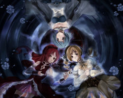 Rule 34 | 10s, 3girls, afloat, bare shoulders, beret, blonde hair, blue eyes, blue hair, breasts, cape, corset, detached sleeves, drill hair, fingerless gloves, floating, flower, food, gloves, hair ornament, hat, long hair, magical girl, mahou shoujo madoka magica, mahou shoujo madoka magica (anime), medium breasts, miki sayaka, mouth hold, multiple girls, pleated skirt, pocky, ponytail, puffy sleeves, red eyes, red hair, riety, sakura kyoko, short hair, skirt, small breasts, smile, thighhighs, tomoe mami, water, yellow eyes