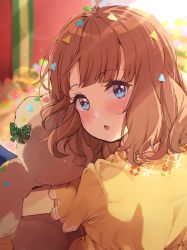 Rule 34 | + +, 1girl, blue eyes, blurry, blurry background, blush, brown hair, chestnut mouth, commentary, depth of field, dress, highres, idolmaster, idolmaster million live!, looking at viewer, looking back, nira (vira), hugging object, parted lips, short sleeves, solo, stuffed animal, stuffed toy, suou momoko, teddy bear, yellow dress