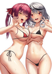 Rule 34 | 2girls, arm around waist, arm under breasts, bare shoulders, bikini, black bikini, black hair, blush, breast press, breasts, cleavage, collarbone, cowboy shot, fellatio gesture, from side, grey hair, half-closed eyes, hand up, heterochromia, highres, hololive, houshou marine, large breasts, long hair, looking at viewer, looking to the side, medium hair, micro bikini, multicolored hair, multiple girls, nail polish, naughty face, open mouth, red bikini, red eyes, red hair, red nails, sakamata chloe, simple background, smile, straight-on, streaked hair, swimsuit, symmetrical docking, tako seijin, teeth, tongue, tongue out, twintails, upper teeth only, v, virtual youtuber, wet, white background, yellow eyes