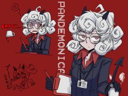 Rule 34 | 1girl, black gloves, black horns, black jacket, black tail, breasts, business suit, character name, clipboard, closed mouth, coffee, coffee mug, collared shirt, cup, curly hair, demon girl, demon horns, demon tail, english text, formal, glasses, gloves, helltaker, highres, holding, holding cup, horns, jacket, long sleeves, looking at viewer, medium breasts, medium hair, monster girl, mug, multiple views, naui kudan, pandemonica (helltaker), pen, ponytail, red background, red eyes, red shirt, shirt, short hair, simple background, small breasts, steam, suit, tail, upper body, white hair