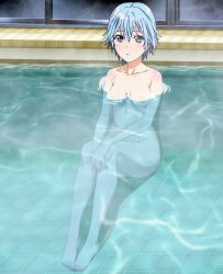 Rule 34 | 1girl, akitsuki fuuka, arms framing breasts, ass, back support, barefoot, blue eyes, blue hair, blush, body blush, breasts, covering privates, expressionless, eyebrows, face, feet, floating breasts, full body, fuuka, glassy eyes, hands together, indoor pool, leaning back, legs together, night, nude, screencap, tagme, toes, water, wet