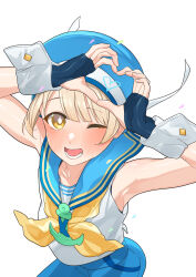 Rule 34 | 1boy, anchor ornament, armpits, black gloves, blonde hair, blue hat, blue shorts, blush, detached sleeves, fingerless gloves, gloves, hands up, hat, heart, heart hands, highres, looking at viewer, male focus, mubo, one eye closed, open mouth, original, ribbon, sailor hat, school uniform, serafuku, shirt, shorts, simple background, sleeveless, smile, solo, trap, white background, white shirt, yellow eyes, yellow ribbon