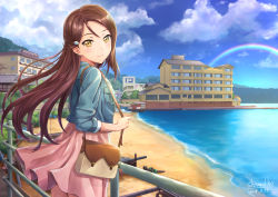 Rule 34 | 1girl, artist name, bag, beach, blue jacket, breast pocket, building, cloud, commentary request, dated, day, hair ornament, hairclip, half updo, holding strap, jacket, long sleeves, looking at viewer, looking back, love live!, love live! school idol festival, love live! sunshine!!, medium skirt, outdoors, pink skirt, pocket, railing, rainbow, red hair, sakurauchi riko, shamakho, shoulder bag, skirt, sleeves rolled up, smile, solo, yellow eyes