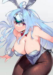 Rule 34 | 1girl, android, animal ears, bare shoulders, blue hair, bow, bowtie, breasts, cleavage, detached collar, fake animal ears, fishnet pantyhose, fishnets, frown, grey background, highres, kos-mos, large breasts, leotard, light blue hair, long hair, looking at viewer, negresco, pantyhose, playboy bunny, rabbit ears, red eyes, simple background, solo, very long hair, white leotard, wrist cuffs, xenosaga
