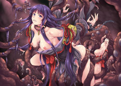 Rule 34 | 1girl, bestiality, breasts, character request, cum, feet, feet up, hakama, hakama skirt, highres, interspecies, japanese clothes, kuragetakos, long hair, miko, nipples, purple eyes, purple hair, rape, red hakama, restrained, shikigami no shiro, skirt, soles, spread legs, tentacle sex, tentacles, tentacles under clothes, torn clothes