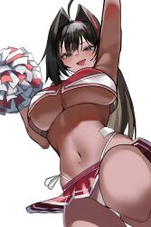 Rule 34 | 1girl, ahoge, bay (nikke), black eyes, black hair, blush, breasts, cheerleader, crop top, dark-skinned female, dark skin, facial tattoo, fang, from below, goddess of victory: nikke, hair intakes, hairband, highres, large breasts, long hair, mole, mole on stomach, mole under eye, mole under mouth, multicolored hair, navel, open mouth, panties, pom pom (cheerleading), ponytail, red hair, red shirt, red skirt, shirt, skirt, solo, star tattoo, streaked hair, tattoo, underboob, underwear, unknownnoname0, white panties
