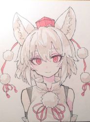 Rule 34 | 1girl, animal ears, closed mouth, hat, inubashiri momiji, looking at viewer, marker (medium), red eyes, red hat, short hair, smile, solo, tokin hat, touhou, traditional media, tsukeo, upper body, white hair, wolf ears, wolf girl