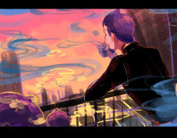 Rule 34 | 1boy, against fence, black jacket, building, cigarette, cityscape, closed eyes, closed mouth, commentary request, creatures (company), delta nonbiri, facial hair, fence, game freak, gen 1 pokemon, gloves, holding, holding cigarette, jacket, leaning forward, letterboxed, male focus, nintendo, outdoors, petrel (pokemon), pokemon, pokemon (creature), pokemon hgss, purple hair, short hair, sky, smile, smoke, smoking, team rocket, weezing, white gloves