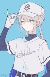 Rule 34 | 1boy, baseball cap, baseball uniform, blue background, blue hair, blush, captain nemo (fate), closed mouth, clothes writing, fate/grand order, fate (series), gloves, green eyes, grey hair, hair between eyes, hat, long hair, looking at viewer, low twintails, male focus, multicolored hair, nemo (fate), sherry 0014, sidelocks, simple background, solo, sportswear, twintails, upper body, very long hair, white gloves