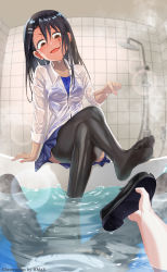 Rule 34 | absurdres, bathroom, bathtub, dark skin, dripping, highres, hmax, ijiranaide nagatoro-san, crossed legs, loafers, nagatoro hayase, partially submerged, pointing, shoes, shower, shower head, soles, swimsuit, swimsuit under clothes, tan, thighhighs, wet, wet clothes