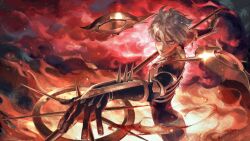 Rule 34 | 1boy, absurdres, armor, bishounen, blue eyes, commentary, eyelashes, fate/apocrypha, fate/grand order, fate (series), foreshortening, hair between eyes, highres, holding, holding polearm, holding weapon, karna (fate), looking at viewer, male focus, polearm, sailin, short hair, solo, sparkle, spear, spiked armor, upper body, vasavi shakti (fate), weapon, white hair