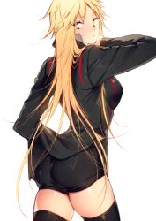 Rule 34 | 1girl, ass, black shorts, black thighhighs, blonde hair, blush, breasts, clothes lift, cowboy shot, from behind, genderswap, genderswap (mtf), izumi kouhei, large breasts, long hair, long sleeves, looking back, pepper fever, shirt lift, shorts, simple background, solo, thighhighs, tight clothes, very long hair, white background, world trigger, yellow eyes