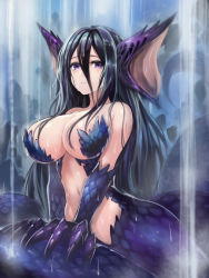 Rule 34 | 1girl, black hair, breasts, claws, convenient censoring, dragon girl, edobox, lamia, large breasts, long hair, looking at viewer, monster girl, nude, purple eyes, scales, solo