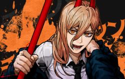 Rule 34 | 1girl, black necktie, chainsaw man, collared shirt, cross-shaped pupils, grmms otk, hair between eyes, holding, holding weapon, horns, jacket, jacket partially removed, long hair, looking at viewer, necktie, open mouth, orange eyes, pink hair, pink theme, power (chainsaw man), sharp teeth, shirt, smile, solo, symbol-shaped pupils, teeth, weapon, white shirt