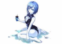 Rule 34 | 1girl, blue eyes, blue hair, breasts, breasts apart, cleavage, cleavage cutout, clothing cutout, drink, front zipper swimsuit, genderswap, genderswap (mtf), league of legends, meme attire, nam (valckiry), one-piece swimsuit, short hair, solo, swimsuit, wet, xerath, zipper