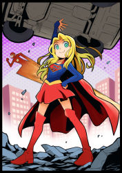 Rule 34 | 1boy, 1girl, aqua eyes, arm up, black border, blonde hair, blue shirt, boots, border, breasts, building, cape, car, city, closed mouth, collarbone, dc comics, eyebrows, eyelashes, eyes visible through hair, hair intakes, hand on own hip, io naomichi, long hair, long sleeves, looking at viewer, miniskirt, motor vehicle, platform boots, platform footwear, red cape, red footwear, red skirt, shirt, skirt, skyscraper, sleeves past wrists, small breasts, smile, solo focus, straight hair, supergirl, superhero costume, the flash, the flash (series), thigh boots, thighhighs, zettai ryouiki