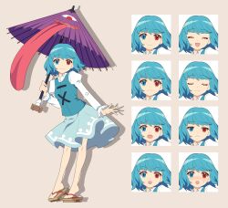 Rule 34 | 1girl, 4rion, absurdres, bare legs, blue eyes, blue hair, blue skirt, blue vest, brown footwear, closed mouth, commentary request, expressions, geta, grey background, highres, juliet sleeves, long sleeves, miniskirt, multiple views, no socks, oil-paper umbrella, open mouth, puffy sleeves, red eyes, shirt, short hair, simple background, skirt, standing, tachi-e, tatara kogasa, tongue, touhou, umbrella, vest, white shirt