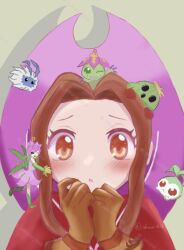 boxing_gloves brown_eyes brown_hair cactus digimon digimon_(creature) digimon_adventure fairy flower lilimon long_hair monster_girl palmon petals plant plant_girl sharp_teeth spines tachikawa_mimi tail tanemon teeth togemon yuramon