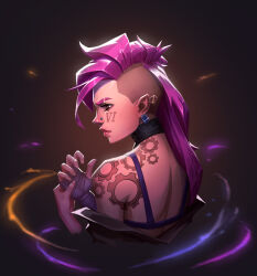 Rule 34 | 1girl, absurdres, angelmoonlight, asymmetrical hair, bandaged hand, bandages, brown background, cropped torso, earrings, glowing, highres, jewelry, league of legends, long hair, nose piercing, piercing, pink hair, profile, shoulder tattoo, sidecut, solo, tattoo, undercut, upper body, vi (league of legends)