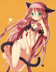Rule 34 | 1girl, absurdres, adapted costume, animal ears, bad id, bad pixiv id, barefoot, between legs, blush, bow, bow panties, braid, breasts, cat ears, cat tail, cleavage, collar, collarbone, crop top, embarrassed, eyebrows, fingernails, full body, gluteal fold, hair between eyes, hair ornament, highres, holding, ia (vocaloid), kemonomimi mode, long fingernails, long hair, navel, no pants, orange background, panties, pink hair, shirokuma (shiropan777), side-tie panties, simple background, solo, star (symbol), stomach, string panties, tail, tail between legs, thigh gap, thigh strap, twin braids, underboob, underwear, untied panties, very long hair, vocaloid, white panties