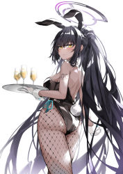 Rule 34 | 1girl, :&lt;, animal ears, arm tattoo, ass, bare shoulders, black hair, black leotard, blue archive, blush, breasts, champagne flute, closed mouth, commentary request, cup, curvy, dark-skinned female, dark skin, dema hmw, drinking glass, expressionless, fake animal ears, fake tail, feet out of frame, fishnet pantyhose, fishnets, gloves, halo, highleg, highleg leotard, highres, holding, holding tray, karin (blue archive), karin (bunny) (blue archive), large breasts, leotard, long hair, looking at viewer, looking back, number tattoo, official alternate costume, pantyhose, playboy bunny, ponytail, rabbit ears, rabbit tail, shiny clothes, shiny skin, sideboob, simple background, solo, standing, tail, tattoo, tray, very long hair, white background, white gloves, wide hips, wrist cuffs, yellow eyes