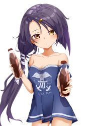 Rule 34 | 1girl, ame., azur lane, bare shoulders, black hair, bottle, breasts, brown eyes, cassin (azur lane), cleavage, cola, collarbone, cowboy shot, hair ornament, hairclip, heterochromia, holding, holding bottle, long hair, looking at viewer, low-tied long hair, mole, mole under eye, off-shoulder shirt, shirt, short sleeves, simple background, soda bottle, solo, very long hair, white background, yellow eyes