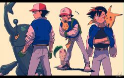 Rule 34 | 1boy, :3, :d, :t, ^ ^, artist name, ash ketchum, baseball cap, belt, black border, black hair, blue jacket, border, brown belt, chikorita, clenched hands, closed eyes, commentary request, creatures (company), crossed arms, denim, fingerless gloves, full body, game freak, gen 1 pokemon, gen 2 pokemon, gloves, green gloves, hat, heracross, highres, holding, holding pokemon, jacket, kwsby 124, long sleeves, male focus, multiple views, nintendo, on shoulder, one eye closed, open mouth, pikachu, pokemon, pokemon (anime), pokemon (classic anime), pokemon (creature), pokemon on shoulder, profile, red headwear, shirt tucked in, shoes, simple background, smile, sneakers, yellow background