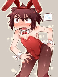 Rule 34 | 1boy, amagaeru (hylathewet), angry, animal ears, blush, bow, bowtie, bulge, rabbit ears, embarrassed, erection, erection under clothes, fake animal ears, highres, male focus, md5 mismatch, open mouth, playboy bunny, red hair, solo, trap, trembling