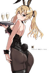 Rule 34 | 1girl, alcohol, animal ears, ass, bare shoulders, black eyes, black leotard, black pantyhose, black ribbon, black tail, blonde hair, blush, breasts, champagne, champagne flute, closed mouth, commentary request, cup, drinking glass, earrings, fake animal ears, fake tail, hair between eyes, hair ornament, hair ribbon, hairclip, highres, jewelry, leotard, long hair, looking at viewer, medium breasts, original, pantyhose, rabbit ears, rabbit tail, ribbon, simple background, smile, solo, tail, takanashi kei (hitsujikan), translation request, twintails, white background
