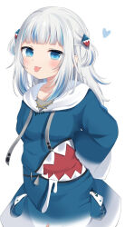 Rule 34 | 1girl, absurdres, animal costume, arms behind back, blue eyes, blue hair, blue hoodie, blush, fins, fish tail, gawr gura, gawr gura (1st costume), grey hair, hair ornament, heart, highres, hololive, hololive english, hood, hoodie, looking at viewer, medium hair, multicolored hair, shark costume, shark girl, shark hair ornament, shark tail, sidelocks, smile, snmdx, solo, streaked hair, tail, tongue, tongue out, two side up, virtual youtuber, white background