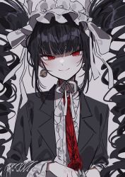 Rule 34 | 1girl, 3j dangan, black hair, black jacket, celestia ludenberg, danganronpa: trigger happy havoc, danganronpa (series), dress shirt, drill hair, earrings, grey background, grey shirt, highres, jacket, jewelry, long hair, long sleeves, looking at viewer, necktie, open clothes, open jacket, red eyes, red necktie, shirt, simple background, smile, solo, twin drills, upper body