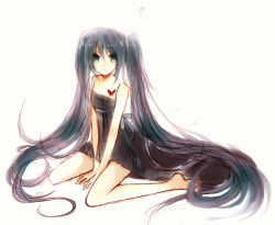 Rule 34 | 1girl, bad id, bad pixiv id, barefoot, dress, female focus, full body, hatsune miku, long hair, simple background, sitting, solo, syutyou, twintails, very long hair, vocaloid, white background