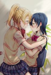 Rule 34 | 2girls, ayase eli, blonde hair, blue eyes, blue hair, blush, book, bow, bowtie, chair, face-to-face, hand on another&#039;s chin, hand on another&#039;s shoulder, highres, holding, holding book, looking at another, love live!, love live! school idol project, miniskirt, multiple girls, otonokizaka school uniform, pink bow, pink bowtie, ponytail, school uniform, short sleeves, signature, sitting, sitting on lap, sitting on person, skirt, sonoda umi, striped bow, striped bowtie, striped clothes, striped neckwear, suito, sweater vest, tears, yellow eyes, yuri
