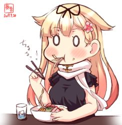 Rule 34 | 0 0, 1girl, alternate costume, artist logo, black ribbon, black shirt, blonde hair, blouse, commentary request, counter, dated, eating, food, glass, hair flaps, hair ornament, hair ribbon, hairclip, highres, kanon (kurogane knights), kantai collection, long hair, noodles, ribbon, scarf, shirt, simple background, solo, upper body, white background, white scarf, yuudachi (kancolle), yuudachi kai ni (kancolle)