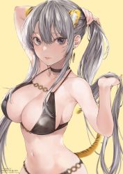 Rule 34 | 1girl, animal ears, arm up, armpits, bikini, black bikini, black choker, black eyes, blurry, blush, breasts, choker, cleavage, collarbone, commentary request, copyright name, copyright request, depth of field, earrings, hands in hair, highres, inaba yukiko, jewelry, koigoku no toshi, large breasts, long hair, looking at viewer, navel, o-ring, o-ring bikini, parted lips, pink lips, ponytail, sidelocks, silver hair, simple background, smile, solo, stomach, swimsuit, tail, tawara 1112, tawara kyouhei, tiger ears, tiger girl, tiger tail, translation request, yellow background