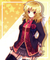 Rule 34 | bad id, bad pixiv id, blonde hair, flower, jewelry, pendant, red eyes, rose, short hair, thighhighs, uka (color noise)