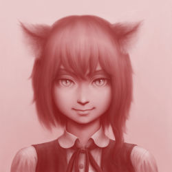Rule 34 | 1girl, absurdres, animal ears, closed mouth, cookie (touhou), eyebrows, fox ears, highres, looking at viewer, miramikaru riran, monochrome, nekusasu, realistic, red theme, ribbon, short hair, smile, solo, touhou, upper body