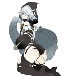 Rule 34 | 1girl, ahoge, arknights, ass, bare shoulders, black panties, black shirt, black sleeves, black thighhighs, boots, crocodilian tail, detached sleeves, from behind, full body, gloves, goggles, goggles around neck, grey gloves, grey hair, high heel boots, high heels, highres, hood, hood up, hooded shirt, kneeling, long sleeves, looking at viewer, looking back, panties, partially fingerless gloves, pointy ears, shirt, short hair, sidelocks, simple background, sketch, solo, tail, thighhighs, thighs, tomimi (arknights), torn clothes, torn thighhighs, underwear, white background, yellow eyes, yimillily