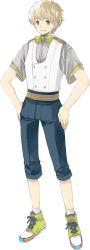 Rule 34 | 1boy, blonde hair, bow, bowtie, capri pants, chris4708, full body, green bow, green bowtie, hands on own hips, highres, indie utaite, looking at viewer, male focus, niconico, pants, shoes, short hair, short sleeves, smile, sneakers, solo, takaaki natsushiro, transparent background, uniform, utaite, waistcoat, yellow eyes