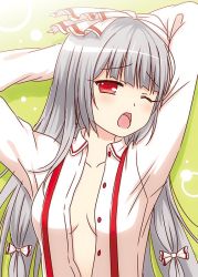 Rule 34 | 1girl, arms behind head, arms up, blush, bow, breasts, center opening, cpu (hexivision), dress shirt, fujiwara no mokou, hair bow, long hair, long sleeves, looking at viewer, one-hour drawing challenge, one eye closed, open mouth, red eyes, shirt, silver hair, small breasts, solo, suspenders, touhou, unbuttoned, upper body, white bow, white shirt