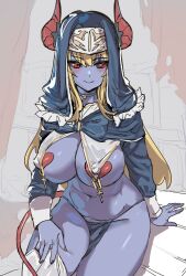 Rule 34 | 1girl, black sclera, blonde hair, blue skin, bow (bhp), breasts, closed mouth, colored sclera, colored skin, commentary request, covered erect nipples, demon girl, demon horns, demon tail, heart pasties, horns, large breasts, long hair, long sleeves, looking to the side, navel, nun, original, pasties, red eyes, red horns, sitting, smile, solo, tail, thighhighs, white thighhighs