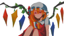 Rule 34 | 1girl, alternate wings, ascot, blonde hair, breasts, collared shirt, feet out of frame, flandre scarlet, hair between eyes, hat, hat ribbon, highres, looking at viewer, medium hair, minamia23, mob cap, multicolored wings, pointy ears, puffy short sleeves, puffy sleeves, red eyes, red ribbon, red skirt, red vest, ribbon, ribbon-trimmed headwear, ribbon trim, shirt, short sleeves, skirt, skirt set, small breasts, solo, touhou, vest, white background, white hat, white shirt, wings, yellow ascot