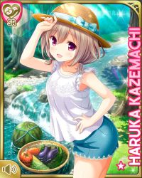 Rule 34 | 1girl, bare shoulders, blue bow, bow, brown hair, rabbit hair ornament, card (medium), character name, collarbone, cucumber, day, eggplant, food, forest, fruit, girlfriend (kari), hair ornament, hairclip, hat, kazemachi haruka, looking at viewer, nature, official art, open mouth, outdoors, pink eyes, qp:flapper, short hair, shorts, smile, solo, straw hat, stream, tagme, tomato, tree, water, watermelon, wiping forehead