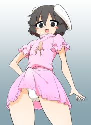 Rule 34 | 1boy, animal ears, black eyes, black hair, blush stickers, bulge, commentary, cookie (touhou), cowboy shot, dress, erection, erection under clothes, floppy ears, gradient background, grey background, hair between eyes, highres, inaba tewi, jewelry, jun (cookie), looking at viewer, looking down, lurkerlurker, male focus, necklace, open mouth, panties, pendant, pink dress, puffy short sleeves, puffy sleeves, rabbit ears, ribbon-trimmed dress, short hair, short sleeves, solo, touhou, trap, underwear, white panties