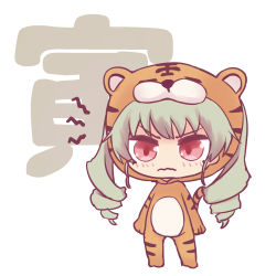 Rule 34 | 1girl, anchovy (girls und panzer), animal costume, animal ears, animal print, anzio school uniform, artist request, blush, breasts, chibi, chinese zodiac, costume, drill hair, girls und panzer, green hair, highres, long hair, looking at viewer, school uniform, simple background, solo, standing, tiger costume, tiger ears, tiger print, twin drills, twintails, year of the tiger