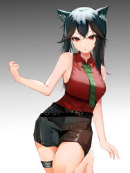 Rule 34 | 1girl, absurdres, animal ears, arknights, bare arms, barefoot, belt, black belt, black hair, black shorts, chinese commentary, collared shirt, commentary request, cowboy shot, daqi sama, gradient background, green necktie, grey background, highres, jacket, leg up, long hair, looking at viewer, necktie, official alternate costume, ponytail, red shirt, shirt, shorts, sleeveless, sleeveless shirt, solo, standing, standing on one leg, striped clothes, striped shorts, texas (arknights), texas (willpower) (arknights), thigh strap, vertical-striped clothes, vertical-striped shorts, white background, wolf ears